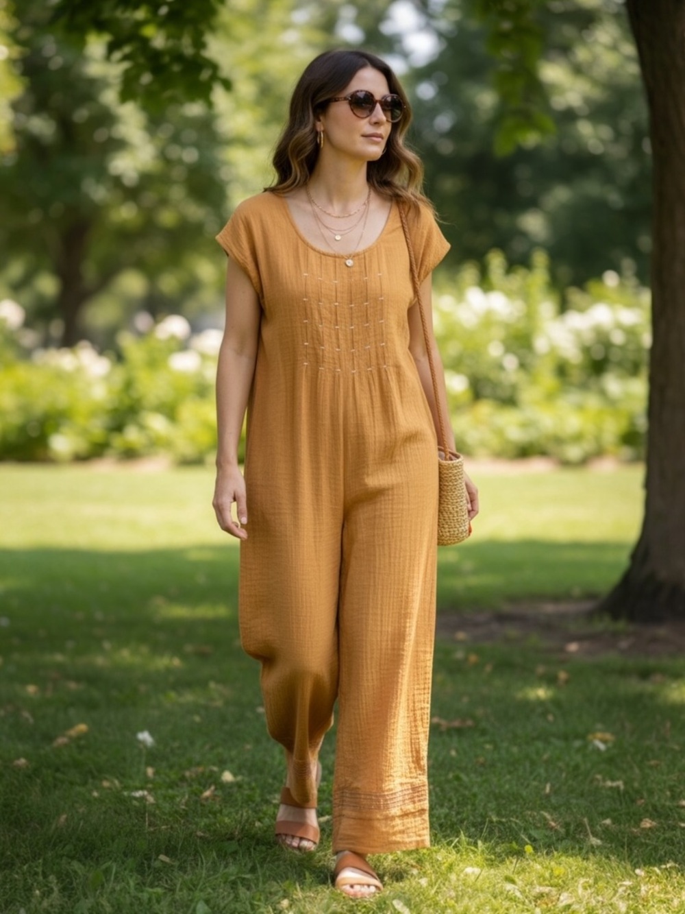 BOUTIQUE GOLDEN MUSTARD 100% COTTON RELAXED GAUZY WIDE LEG JUMPSUIT SIZE LARGE